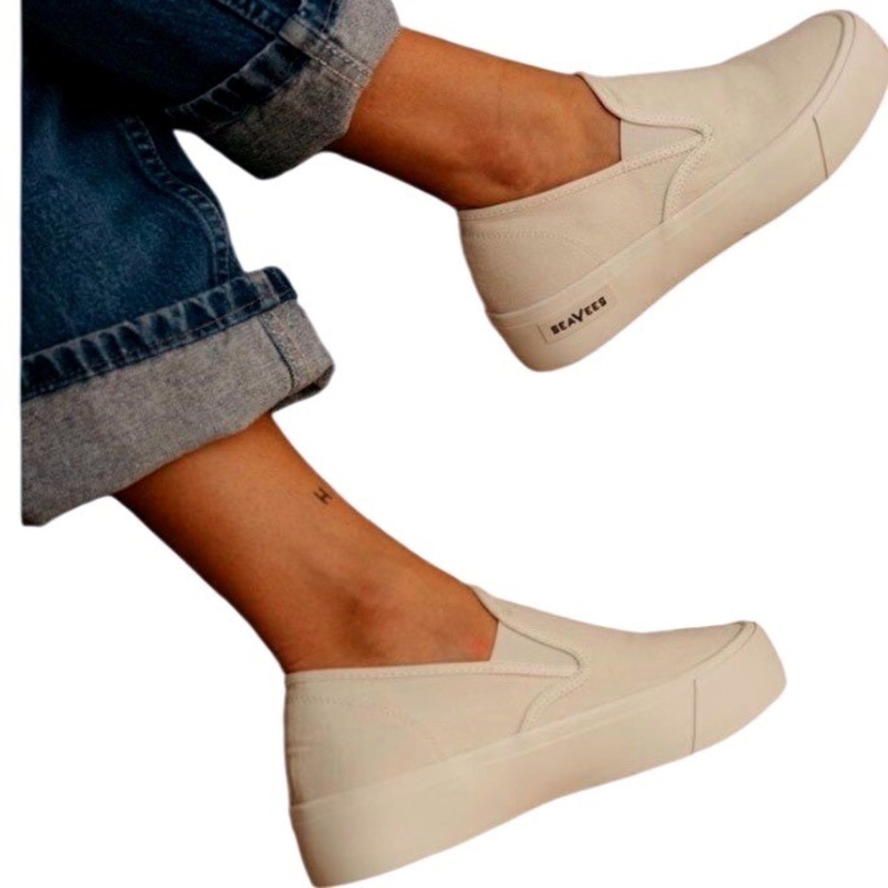 SeaVees Womens Baja Slip On Platform Sneakers Bleach Herringbone Size 8.5 Preppy